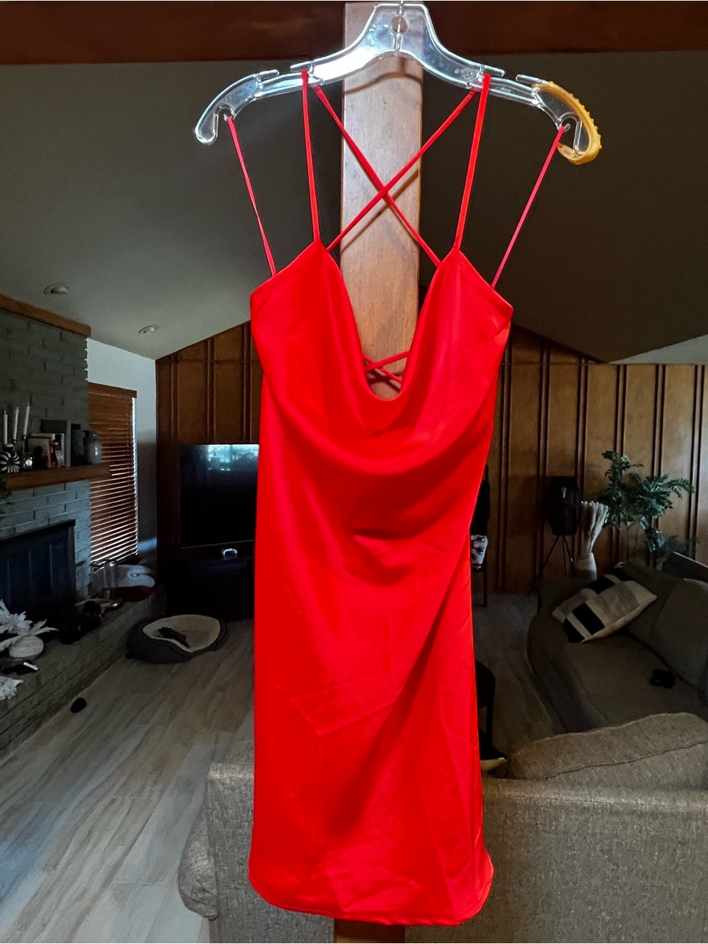 Women’s Red Cowl-Neck Mini Dress with Crisscross Back